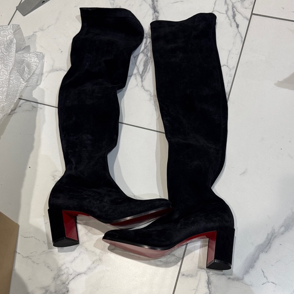 Christian Louboutin Shoes - Christian Louboutin Black Suede Over-the-Knee Boots with Red Soles